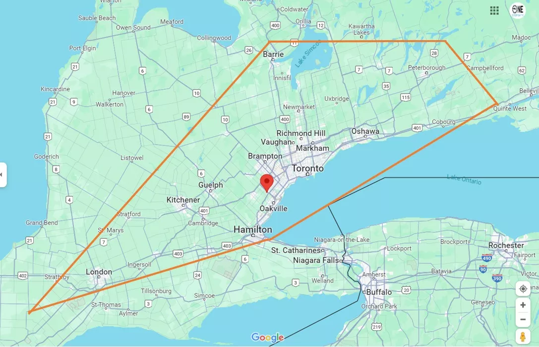 Map of One Stop Bath service areas across Southern Ontario and the GTA